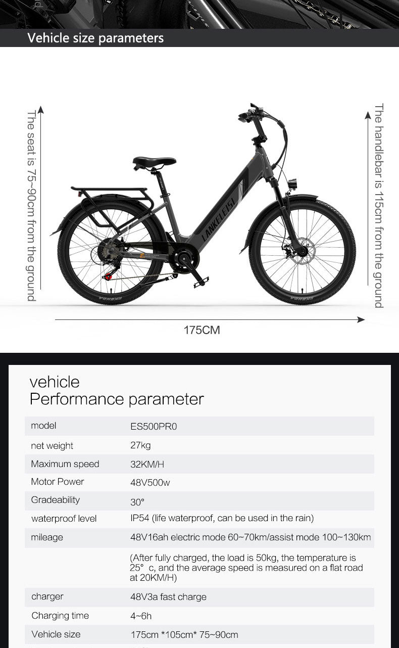 ES500 Pro 500W 48V 16Ah 130Km Endurance 24 Inch Brushless Motor Urban Electric (ang.). Bike Dual Disc Brakes 32km h Max Speed City Bik (ang.)
