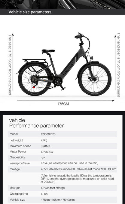ES500 Pro 500W 48V 16Ah 130Km Endurance 24 Inch Brushless Motor Urban Electric (ang.). Bike Dual Disc Brakes 32km h Max Speed City Bik (ang.)